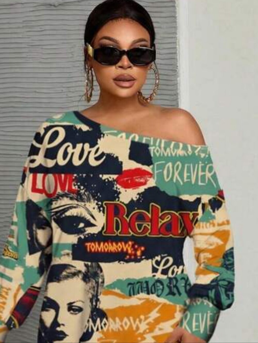Women's Size 1X Graphic Off-The- Shoulder Mini Dress Art To Wear